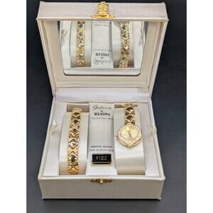 Vintage Galaxie by Elgin Gold Tone Cz Ladies Quartz Watch & Bracelet Set READ